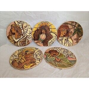My Handmade 5" Art Nouveau Angel Woman Coasters Woodburnt & Painted Set of 5